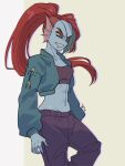  1girl 2020s 2024 2d 2d_(artwork) abs alternate_costume angry anthro anthro_only artist_name blue_body blue_skin breasts clenched_teeth clothed clothed_female clothing digital_media_(artwork) ear_fins eyepatch female_anthro female_only fins fish fish_girl green_jacket hair head_fins jacket marine mekyo_(topotopo_0_0) midriff monster monster_girl non-mammal_breasts ponytail red_hair red_ponytail sharp_teeth simple_background slit_pupils solo_anthro solo_female teeth twitter twitter_username undertale undertale_(series) undyne video_game_character video_games white_background yellow_sclera 