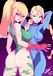 2girls ass blonde_hair blue_eyes blush bodysuit cammy_white cammy_white_(cosplay) capcom cosplay costume_switch crossover crossover_cosplay deviantart embarrassed female_only gauntlets gloves leotard metroid nintendo ponytail samus_aran samus_aran_(cosplay) skin_tight street_fighter thong_leotard twin_braids twin_tails wink zero_suit zero_suit_samus zero_suit_samus_(cosplay)