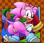  !? 1boy 1girl amy_rose anus ass ass_focus bottomless classic_amy_rose classic_sonic classic_sonic_(universe) exposed_pussy furry furry_female furry_male looking_at_viewer ninoeros open_mouth piko_piko_hammer pussy sega sonic_the_hedgehog sonic_the_hedgehog_(series) 