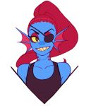 1girl 2010s 2015 anthro anthro_only artist_request black_tank_top blue_body blue_skin breasts cleavage ear_fins eyepatch female_anthro female_only fish fish_girl hair long_hair marine monster ponytail portrait red_hair red_ponytail sharp_teeth small_breasts solo_anthro solo_female tank_top transparent_background undertale undertale_(series) undyne upper_body yellow_sclera yellow_teeth