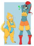 2010s 2015 2_girls 2d 2d_(artwork) 3_toes abs alphys alphys_(undertale) alternate_costume anthro anthro_only armpits bad_id bad_tumblr_id bigger_female blue_background blue_body blue_skin blue_swimsuit boots breasts canon_couple chubby chubby_anthro chubby_female clothed clothed_anthro clothed_female couple digital_media_(artwork) dinosaur dinosaur_girl duo ear_fins eyepatch feet female_abs female_anthro female_only fins fish fish_girl glasses hair hands_behind_head head_fins height_difference larger_female lizard lizard_girl lizard_tail long_hair looking_at_another looking_at_each_other looking_down looking_up marine midriff monster monster_girl muscle muscular muscular_anthro muscular_female nicky1311 non-mammal_breasts official_alternate_costume ponytail pose posing red_boots red_hair red_ponytail reptile reptile_girl reptile_tail scalie sharp_teeth shorter_female simple_background slightly_chubby slit_pupils smaller_female smile smiling_at_another swimsuit swimwear tail taller_female teeth tumblr two-tone_background undertale undertale_(series) undyne video_game_character video_games white_background white_border yellow_body yellow_sclera yellow_skin yellow_swimsuit yellow_teeth