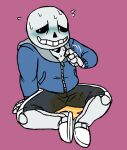 1boy 2015 2d animated_skeleton arm_support blue_blush blue_hoodie blue_jacket blush clothed clothed_male clothing digital_media embarrassed fully_clothed hooded_jacket hoodie humanoid jacket looking_away male male_focus male_only monster nervous omorashi pee peeing_self puddle sans_(undertale) simple_background sitting skeleton slippers solid_color_background solo_male sweat teeth tinybeasts tinynsfw undead undertale undertale_(series) urination urine urine_puddle video_games watersports wetting_self white_slippers