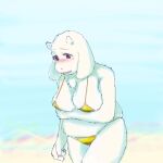  1:1 1:1_aspect_ratio 1girl 2020s 2023 anthro anthro_only arm_under_breasts belly big_breasts bikini bikini_bottom bikini_top blue_background blush boss_monster breasts caprine chubby chubby_anthro chubby_female embarrassed female_anthro female_only floppy_ears fur furry furry_female furry_only goat goat_ears goat_girl goat_horns hi_res high_res high_resolution highres horns kommodore64 light_background mature mature_anthro mature_female milf monster monster_girl simple_background solo_anthro solo_female swimwear thighs toriel undertale undertale_(series) white_body white_fur yellow_bikini yellow_bikini_bottom yellow_bikini_top 