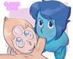 1boy 2_girls blue_eyes blue_hair blush cuddlecore fellatio fellatio_pov female_focus lapis_lazuli_(steven_universe) looking_at_viewer male/female male_pov nude nude_female oral oral_sex orientation_play pale_skin pearl_(steven_universe) pov pov_eye_contact solo_focus steven_universe