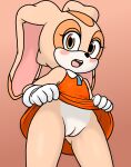 1girl 1girl 1girl anthro bare_shoulders blush blush_lines brown_eyes clothed clothing clothing_lift cream_the_rabbit cub dress dress_lift flat_chested flat_colors genitals gloves handwear high_res lagomorph leporid looking_at_viewer m0rt1337 mammal open_mouth orange_clothing orange_dress pussy rabbit sega simple_background sleeveless_dress sonic_the_hedgehog_(series) standing white_clothing white_gloves white_handwear young