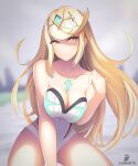  1girl alluring big_breasts blonde_hair breasts cleavage looking_at_viewer matching_hair/eyes medium_breasts mythra mythra_(radiant_beach)_(xenoblade) mythra_(xenoblade) nintendo one-piece_swimsuit outside swimsuit xenoblade_(series) xenoblade_chronicles_(series) xenoblade_chronicles_2 yellow_eyes zambonito 