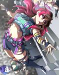 3_girls alluring asuka_(wrestler) asuka_(wwe) blonde_hair blue_eyes blue_hair brown_eyes brown_hair commentary english_commentary facepaint fingerless_gloves gloves high_res io_shirai iyo_sky kairi_sane long_hair medium_breasts moonsault multicolored_hair multiple_girls norbertogaetan pink_hair purple_hair short_hair two-tone_hair wrestler wrestling wrestling_ring wwe