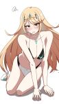  1girl :o absurd_res adapted_costume alluring big_breasts bikini black_bikini blonde_hair blush choker circlet cleavage collarbone core_crystal_(xenoblade) earrings full_body hello_pty high_res jewelry long_hair looking_at_viewer mismatched_bikini mythra mythra_(radiant_beach)_(xenoblade) mythra_(xenoblade) nintendo open_mouth shadow simple_background squiggle swept_bangs swimsuit very_long_hair white_background white_bikini white_choker white_footwear xenoblade_(series) xenoblade_chronicles_(series) xenoblade_chronicles_2 yellow_eyes 