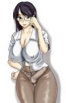 1girl big_breasts breasts bulge futanari glasses intersex large_breasts office_lady panties pantyhose penis penis_in_panties solo underwear