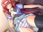 1girl ai_shi~kyu~ black_legwear blue_eyes blue_panties bulge futanari game_cg glasses hairband long_hair natsuzuka_shiori no_testicles panties red_hair ryou school_uniform seifuku serafuku skirt skirt_lift solo striped striped_panties thighhighs underwear upskirt