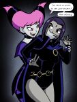  2girls dc_comics english_text female female_only femdom femsub hand_gag hand_gagged hand_over_another&#039;s_mouth held_from_behind imightbemick jinx looking_at_another older older_female pink_eyes pink_hair purple_eyes purple_hair raven_(dc) tagme teen_titans young_adult young_adult_female young_adult_woman 