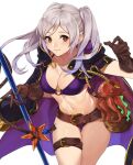 1girl alluring belt belt_buckle bikini braid breasts brown_eyes buckle cleavage closed_mouth coat fire_emblem fire_emblem_awakening fire_emblem_heroes gloves high_res holding holding_weapon kamu_(kamuuei) looking_at_viewer nintendo o-ring o-ring_bikini o-ring_top octopus robin_(fire_emblem) robin_(fire_emblem)_(female) robin_(summer)_(fire_emblem)_(female) rope seaweed silver_hair simple_background smile starfish swimsuit thigh_strap twin_tails weapon white_background