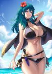 1girl 1girl 1girl 2023 alluring alternate_costume beach big_breasts bikini black_bikini black_swimsuit blue_eyes bracelet byleth_(female)_(summer)_(fire_emblem) byleth_(fire_emblem) byleth_(fire_emblem)_(female) cape choker cleavage dagger detailed_background female_only fire_emblem fire_emblem:_three_houses fire_emblem_heroes flower hair_flower high_res knife light-skinned_female light_skin looking_at_viewer medium_hair nintendo ocean official_alternate_costume outside sand sideboob suigetu26 swimsuit tassel teal_hair