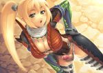  1girl armor blonde_hair blush breasts capcom censored cleavage futanari huge_breasts long_hair monster_hunter panties penis solo thighhighs twintails underwear yn_red 