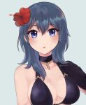  1girl alluring big_breasts bikini black_bikini blush breasts byleth_(fire_emblem) byleth_(fire_emblem)_(female) cape cleavage fire_emblem fire_emblem:_three_houses fire_emblem_heroes flower hair_flower hair_ornament hibiscus high_res looking_at_viewer medium_hair nintendo official_alternate_costume purple_eyes purrlucii swimsuit teal_hair 