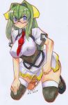  blue_eyes blush breasts cleavage erect_nipples futanari glasses green_hair kannagi_itsuki kikuta kneeling nipples penis precum ribbon shimoyama_mutsumi sora_wo_kakeru_shoujo thighhighs traditional_media 