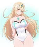  1girl alluring big_breasts chest_jewel cleavage core_crystal high_res kamidan long_hair mythra mythra_(radiant_beach)_(xenoblade) mythra_(xenoblade) nintendo very_long_hair xenoblade_(series) xenoblade_chronicles_(series) xenoblade_chronicles_2 yellow_eyes 