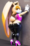 1girl against_wall aged_up ai_generated anthro ass ass_cleavage basketball_jersey bubble_butt butt_crack butt_focus cream_the_rabbit dat_ass female female_only flat_chested fur furry high_heels latex novelai pants_down rabbit sega small_breasts smile smiling_at_viewer solo sonic_the_hedgehog_(series) teen thick_ass thick_thighs thighs