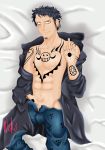 abs black_hair male one_piece solo tattoos trafalgar_law yellow_eyes