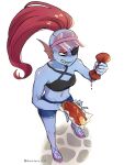 1girl 2020s 2023 2d 2d_(artwork) anger_vein angry anthro anthro_only artist_name black_topwear blue_body blue_bottomwear blue_shorts blue_skin bottomwear breasts cap cleavage clenched_teeth clothed clothed_female clothing digital_media_(artwork) ear_fins eyepatch female_anthro female_only fins fish fish_girl food gritted_teeth hair hat head_fins headwear high_heels hot_dog hotdog ketchup ketchup_bottle marine mekyo_(topotopo_0_0) midriff monster monster_girl non-mammal_breasts pink_high_heels ponytail red_hair red_ponytail shorts simple_background slit_pupils solo_anthro solo_female squeezing teeth topwear twitter twitter_username undertale undertale_(series) undyne video_game_character video_games visor_cap white_background yellow_sclera