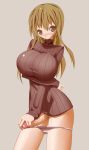 arm_under_breasts big_breasts brown_eyes brown_hair brown_sweater embarrassed erect_penis futanari panties_around_leg short_hair shy sweater touching_penis veiny_penis