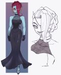  1girl 2020s 2023 2d 2d_(artwork) alternate_costume alternate_hairstyle anthro anthro_only artist_name black_dress black_gloves black_long_dress blue_body blue_skin breasts clothed clothed_anthro clothed_female clothing digital_media_(artwork) dress ear_fins eyepatch female_anthro female_only fins fish fish_girl full_body gloves hair hair_over_one_eye head_fins hourglass_figure long_dress marine mekyo_(topotopo_0_0) monster monster_girl multiple_views non-mammal_breasts red_hair sharp_teeth simple_background slit_pupils solo_anthro solo_female twitter twitter_username undertale undertale_(series) undyne upper_body video_game_character video_games white_background yellow_sclera 