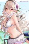  1girl 1girl alluring arm_behind_back big_breasts bikini bikini_skirt black_hairband black_ribbon book breasts cleavage corrin_(fire_emblem) corrin_(fire_emblem)_(female) corrin_(summer)_(fire_emblem)_(female) fire_emblem fire_emblem_fates fire_emblem_heroes floating_hair flower front-tie_bikini_top front-tie_top grin hair_between_eyes hair_flower hair_ornament hairband haru_(nakajou-28) hibiscus high_res holding holding_book layered_skirt long_hair looking_at_viewer microskirt nintendo official_alternate_costume pointy_ears red_eyes ribbon sideboob skirt smile standing strap_gap swimsuit twitter_username very_long_hair white_bikini white_flower white_hair white_skirt 