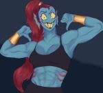 1girl 2020s 2023 2d 2d_(artwork) abs anthro anthro_only badass black_bottomwear black_bra black_topwear blue_background blue_body blue_skin bottomwear bra bracelet bracelets breasts dark_background digital_media_(artwork) ear_fins female_abs female_anthro female_only fins fish fish_girl flexing goopy_art hair head_fins long_hair looking_at_viewer marine midriff monster monster_girl muscle muscular muscular_anthro muscular_female no_eyepatch non-mammal_breasts ponytail red_hair red_ponytail sharp_teeth slit_pupils small_pupils smiling solo_anthro solo_female teeth thumbs_down topwear twitter undertale undertale_(series) undyne upper_body very_long_hair video_game_character video_games wristwear yellow_sclera yellow_teeth