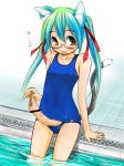 animal_ears aqua_hair blush breasts cat_ears cat_tail foreskin futanari glasses one-piece_swimsuit original penis phimosis pool retsu_maru school_swimsuit small_breasts swimsuit tail translated yellow_eyes