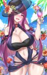 1girl :d absurd_res alluring bandeau bare_shoulders big_breasts black_headwear blue_sky blush breasts cleavage cloud commentary cowboy_shot cup day drinking_glass female_focus fire_emblem fire_emblem_engage fire_emblem_heroes flower gluteal_fold hand_up hat hat_flower head_tilt hibiscus high_res holding holding_cup intelligent_systems ivy_(fire_emblem) looking_at_viewer matching_hair/eyes mole mole_under_mouth navel nez-box nintendo nose_blush official_alternate_costume open_mouth orange_flower pink_flower purple_eyes purple_hair red_flower signature sky smile standing stomach thighs tropical_drink