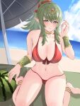  1girl 1girl absurd_res adjusting_hair alluring anklet beach beach_umbrella big_breasts bikini bracelet breasts fire_emblem fire_emblem_awakening fire_emblem_heroes gold_choker green_eyes green_hair hair_ribbon high_ponytail high_res jewelry looking_at_viewer nintendo official_alternate_costume outside parted_lips peli_cantaro pointy_ears ponytail red_bikini red_ribbon ribbon seiza sitting smile swimsuit teeth tiara tiki_(adult)_(fire_emblem) tiki_(adult)_(summer)_(fire_emblem) tiki_(fire_emblem) umbrella watermark 