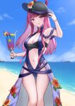  1girl absurd_res alluring bare_shoulders big_breasts black_headwear blue_one-piece_swimsuit blue_sky breasts casual_one-piece_swimsuit cleavage cloud commentary cup day drinking_glass feet_out_of_frame female_focus fire_emblem fire_emblem_engage fire_emblem_heroes flower grin hand_up hat hat_flower high_res holding holding_cup ivy_(fire_emblem) ivy_(summer)_(fire_emblem) long_hair looking_at_viewer matching_hair/eyes mole mole_under_mouth navel nintendo ocean official_alternate_costume one-piece_swimsuit parted_lips purple_eyes purple_hair sky smile standing stomach swimsuit takaneko thighs tropical_drink water 