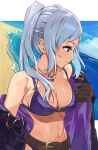 1girl 1girl alluring bare_shoulders beach belt big_breasts bikini breasts brown_eyes brown_gloves cleavage coat fire_emblem fire_emblem_awakening fire_emblem_heroes gloves high_res jewelry kamu_(kamuuei) long_hair looking_to_the_side navel necklace nintendo o-ring o-ring_bikini o-ring_top ocean off_shoulder official_alternate_costume purple_bikini robin_(fire_emblem) robin_(fire_emblem)_(female) robin_(summer)_(fire_emblem)_(female) smile swimsuit twin_tails white_hair