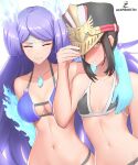 2girls absurdres alluring bikini black_bikini black_hair blue_bikini breasts brighid_(xenoblade) cleavage closed_eyes embarrassed hat highres large_breasts morag_ladair_(xenoblade) multiple_girls nintendo purple_hair simple_background small_breasts swimsuit white_background xenoblade_(series) xenoblade_chronicles_(series) xenoblade_chronicles_2 yellow_eyes zambonito