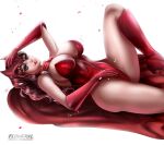  1female 1girl 1girl artist_logo avengers big_breasts blue_eyes brown_eyes cape female_only fit_female flowerxl gloves hand_on_pussy hands_on_hair high_heels long_hair lying_on_back marvel marvel_cinematic_universe mature_female red_gloves red_heels red_lipstick scarlet_witch side_view stockings superheroine toned toned_female voluptuous voluptuous_female wanda_maximoff 