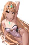  1girl absurd_res alluring arm_up artist_name bare_shoulders blonde_hair breasts brown_eyes chest_jewel choker closed_mouth collarbone commentary english_commentary eyelashes gold_trim high_res leaning_to_the_side long_hair looking_at_viewer medium_breasts mythra mythra_(radiant_beach)_(xenoblade) official_alternate_costume one-piece_swimsuit parted_bangs ribbed_swimsuit simple_background smile strapless strapless_one-piece_swimsuit swept_bangs swimsuit thigh_strap thighs tiara very_long_hair white_background white_choker white_one-piece_swimsuit x_xith_x xenoblade_(series) xenoblade_chronicles_2 yellow_eyes 