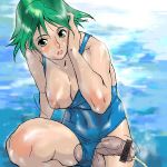 breast_slip breasts censored dagashiya futanari green_eyes green_hair newhalf one-piece_swimsuit peeing school_swimsuit short_hair swimsuit