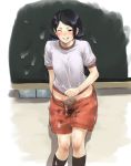 baka_gaki black_eyes black_hair blackboard blush censored chalkboard cum cum_on_clothes embarrassed erection footwear foreskin futanari gym_uniform original original_character penis ribbon school shirt shorts smile socks wink