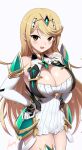  1girl 1girl alluring big_breasts blonde_hair blush boob_window clothed clothing cute kasai_shin looking_at_viewer mythra skirt thighs xenoblade_(series) xenoblade_chronicles_2 