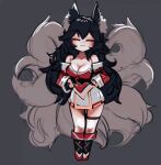  1girl ahri ahri_(league_of_legends) animal_ears animated bare_shoulders black_hair breasts cleavage closed_eyes collarbone dancing ehrrr fluffy fluffy_tail fox fox_ears fox_girl fox_tail gif grin large_breasts league_of_legends long_hair riot_games smile tail thick_thighs thighs 