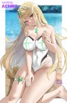  1girl 1girl achromaru alluring big_breasts bikini blonde_hair gold_eyes light-skinned_female light_skin long_hair mythra naughty_face nintendo one-piece_bikini smile swimsuit xenoblade_(series) xenoblade_chronicles_2 