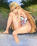  1girl alluring angoha bare_legs big_breasts bikini blonde_hair blush core_crystal female_only light-skinned_female light_skin long_hair looking_at_viewer mythra mythra_(xenoblade) nintendo nurutekan one-piece_bikini swimsuit thick_thighs thighs very_long_hair xenoblade_(series) xenoblade_chronicles_2 yellow_eyes 