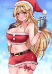 1girl alluring alternate_costume big_breasts blonde_hair breasts christmas dress hat holding_present mythra mythra_(xenoblade) nintendo santa_dress santa_hat santa_outfit sugarbell xenoblade_(series) xenoblade_chronicles_2 yellow_eyes