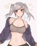  1girl 1girl 1girl alluring bandeau bare_shoulders breasts camisole cleavage commentary english_commentary female_only fire_emblem fire_emblem_awakening grey_background grey_eyes grey_hair high_res jacket long_hair long_sleeves looking_at_viewer medium_breasts midriff nintendo open_clothes open_jacket purple_jacket purrlucii robin_(fire_emblem) robin_(fire_emblem)_(female) simple_background smile stomach swept_bangs twin_tails upper_body 