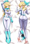 1girl 2020s 2023 alluring ass barefoot bed belt biker_clothes blonde_hair blue_eyes blush bodysuit boots breasts clothing crown dakimakura_design embarrassed feet female_focus female_only gloves hair heel_boots high_res human inviting irohazakayouth laying_down looking_at_viewer lying mario_(series) mouth nintendo one_eye_obstructed open_mouth png princess_rosalina rosalina rubber rubber_boots rubber_clothing rubber_gloves rubber_suit scarf shiny_clothes skin_tight super_mario_bros. tight_clothing