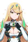  1girl absurd_res alluring bare_shoulders big_breasts blonde_hair breasts cleavage cleavage_cutout closed_mouth clothing_cutout commentary dress elbow_gloves gloves hands_up headpiece heart heart_hands high_res long_hair looking_at_viewer mythra nintendo oruru63100814 simple_background smile star_(symbol) upper_body very_long_hair white_background white_dress white_gloves xenoblade_(series) xenoblade_chronicles_2 yellow_eyes 