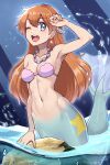  1girl ;d alluring arm_up bare_shoulders bikini bikini_top_only blue_background blue_eyes breasts cleavage collarbone creatures_(company) earrings full_body game_freak groin gym_leader hair_between_eyes high_res jewelry light_rays looking_at_viewer medium_breasts mermaid mermaid_misty_(pokemon) misty misty_(pokemon) misty_mermaid navel necklace nintendo ocean one_eye_closed open_mouth orange_hair partially_submerged partially_underwater_shot pearl_hair_ornament pearl_necklace pink_bikini pokemon pokemon_(anime) pokemon_(classic_anime) rock sidelocks smile star_(symbol) stomach swimsuit teeth upper_teeth_only water_drop wet yasu_suupatenin 