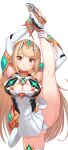 1girl 1girl 1girl absurd_res alluring bangs bare_legs bare_shoulders big_breasts blonde_hair breasts chest_jewel cleavage cleavage_cutout clothing_cutout dress earrings elbow_gloves eyebrows_visible_through_hair feet_out_of_frame gloves green322 high_res jewelry long_hair mythra nintendo panties pantyshot short_dress simple_background splits standing standing_on_one_leg swept_bangs thigh_strap tiara underwear vertical_splits very_long_hair white_background white_dress white_footwear white_gloves white_panties xenoblade_(series) xenoblade_chronicles_2 yellow_eyes