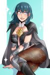  1girl 1girl 1girl alluring ass big_ass big_breasts big_breasts blue_background blue_eyes byleth_(fire_emblem) byleth_(fire_emblem)_(female) dangerousbride female_only fire_emblem fire_emblem:_three_houses leggings medium_hair nintendo pantyhose shorts simple_background smile teal_hair thick_thighs 