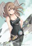  1girl 2d 2d_(artwork) alluring arm_behind_back arm_on_hip blowing_hair blowing_wind blue_eyes blush blushing_at_viewer breast_tattoo breasts brown_hair chascoby choker cleavage clothed clothed_female dirty_blonde_hair eunie_(xenoblade) feathers female_focus female_only female_solo grin hair_between_eyes hair_blowing hair_in_wind light-skinned_female light_brown_hair light_skin monolith_soft moving_hair nintendo sleeveless sleeveless_shirt smile smiling_at_viewer tank_top tattoo thighs xenoblade_(series) xenoblade_chronicles_3 